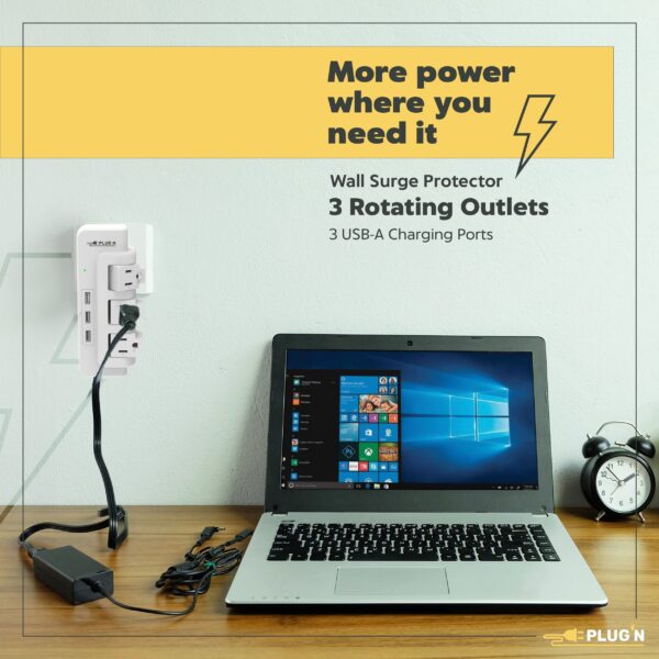3 Rotating Outlets, 3 USB-A, Wall Surge Protector - Image 2
