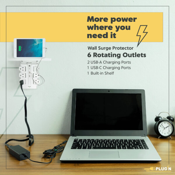 6 Rotating Outlets, 1 USB-C & 2 USB-A, Wall Surge Protector with Shelf - Image 2