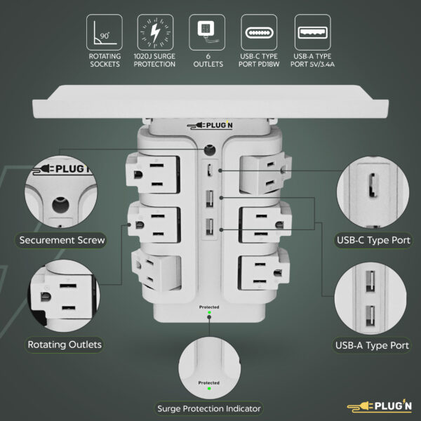 6 Rotating Outlets, 1 USB-C & 2 USB-A, Wall Surge Protector with Shelf - Image 3