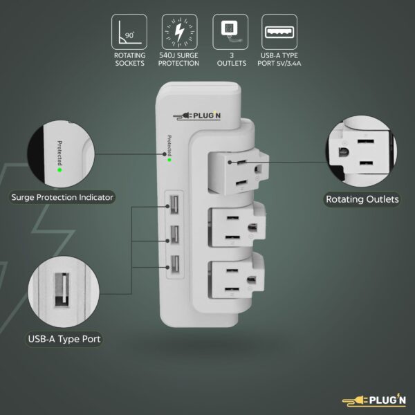 3 Rotating Outlets, 3 USB-A, Wall Surge Protector - Image 4