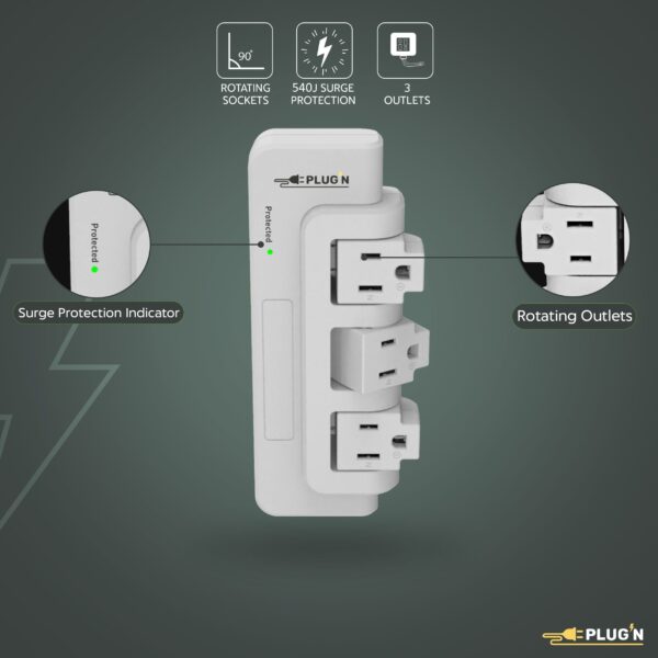 3 Rotating Outlets, Wall Surge Protector - Image 4